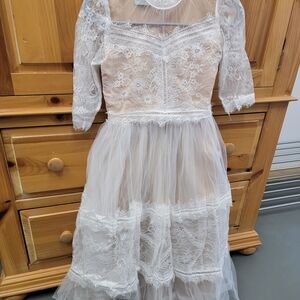 Girls White Lace First Communion Dress with Tulle Overlay